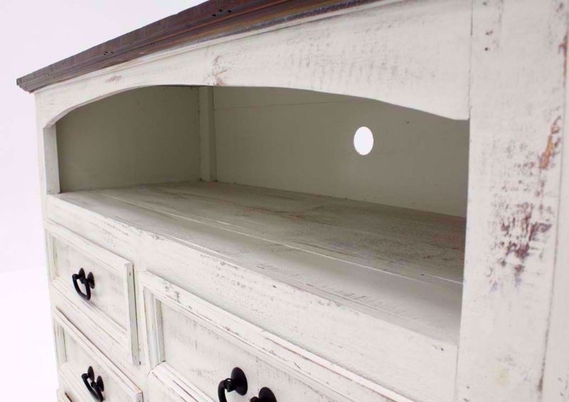 Rustic White Mansion TV or Media Chest of Drawers Showing the Storage Shelf | Home Furniture Plus Mattress