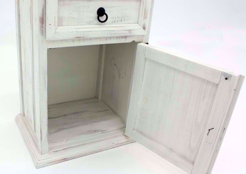 White Distressed Mansion Nightstand Showing the Cabinet Interior | Home Furniture Plus Mattress