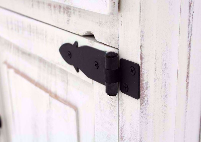 White Distressed Mansion Nightstand Metal Door Hinge Detail | Home Furniture Plus Mattress
