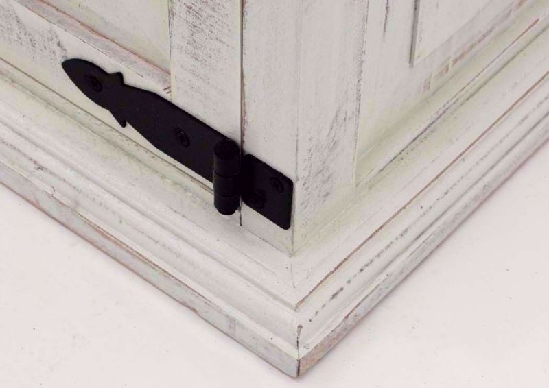 White Distressed Mansion Nightstand Metal Lower Hinge Detail | Home Furniture Plus Mattress