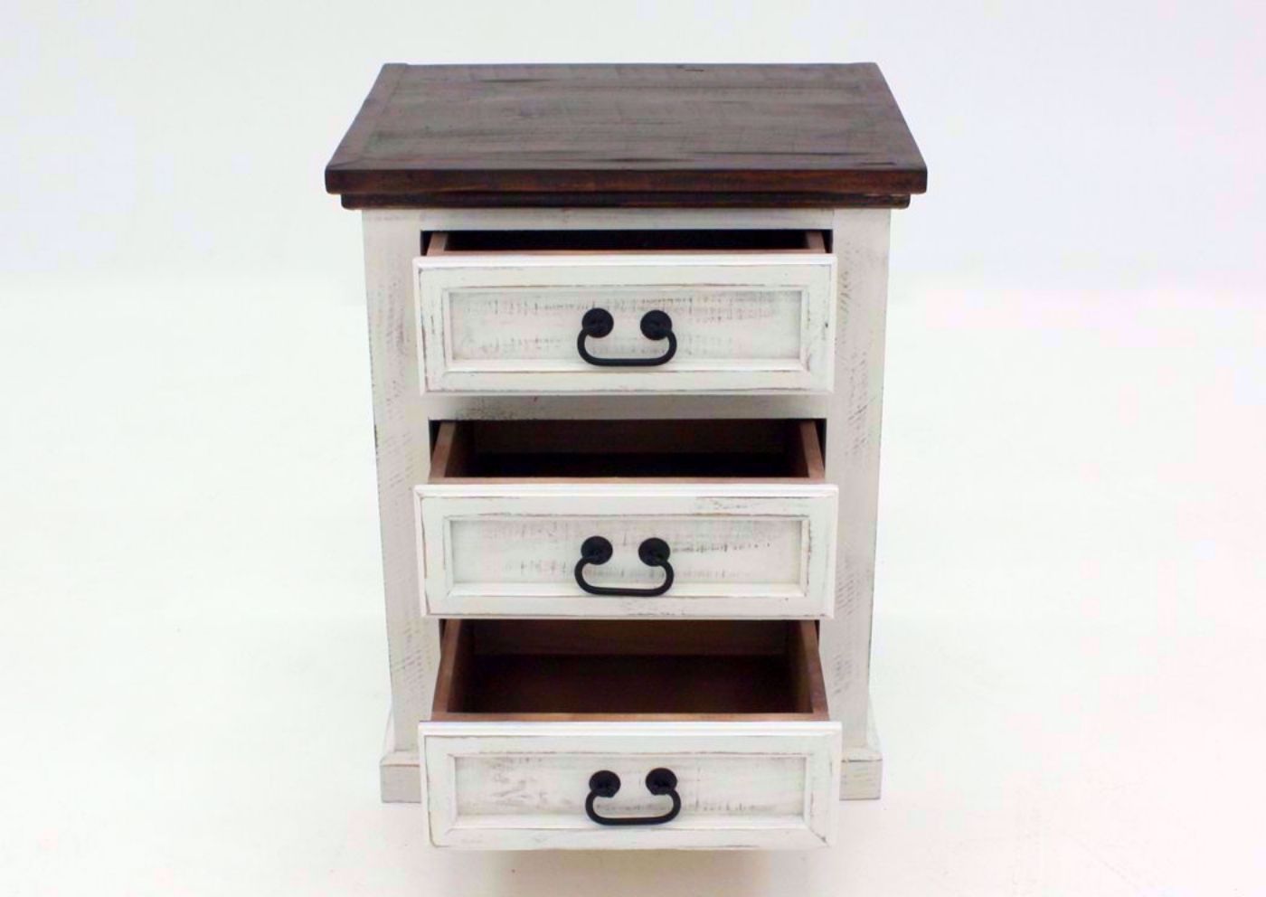 Distressed White Mansion 3 Drawer Nightstand Front Facing With the Drawers Open | Home Furniture Plus Mattress