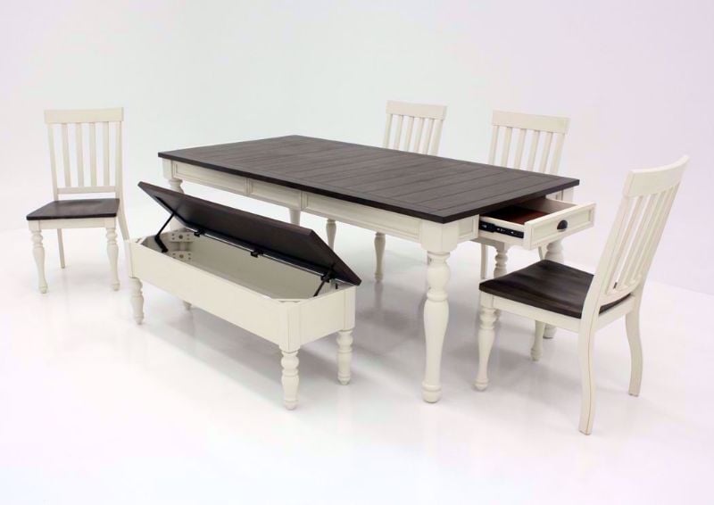 White Two-Tone Joanna Dining Table and Bench Set at an Angle With the Bench Open | Home Furniture Plus Bedding