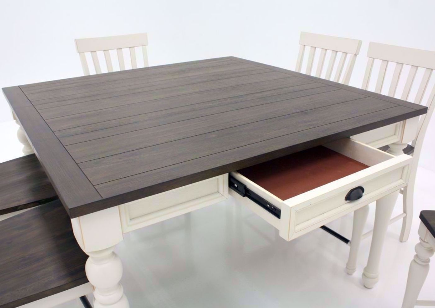 White Two-Tone Joanna Dining Table and Chair Set Showing the Table With Drawer Open | Home Furniture Plus Bedding