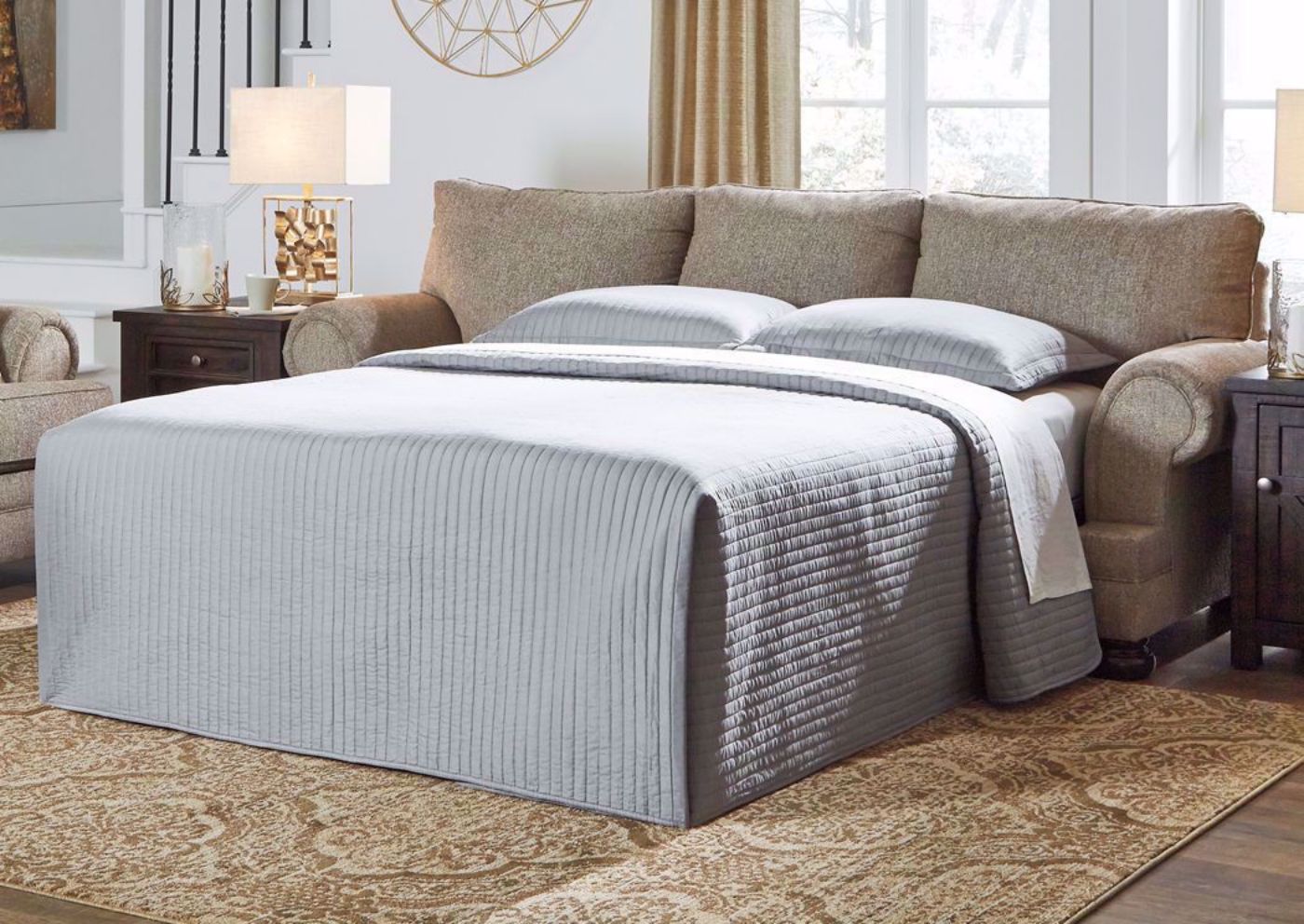 Tan Kananwood Sleeper Sofa by Ashley Furniture in a Room Setting With the Bed in the Open Position | Home Furniture Plus Mattress