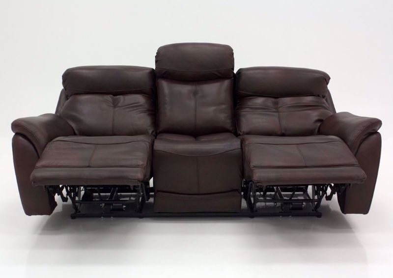 Brown Alpha POWER Reclining Sofa Front Facing in a Fully Reclined Position | Home Furniture Plus Mattress