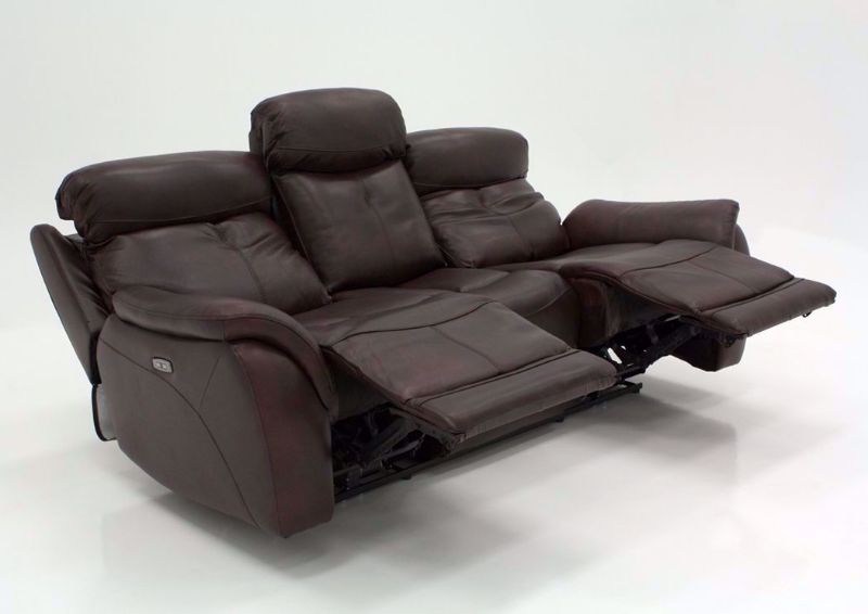 Brown Alpha POWER Reclining Sofa at an Angle in a Fully Reclined Position | Home Furniture Plus Mattress