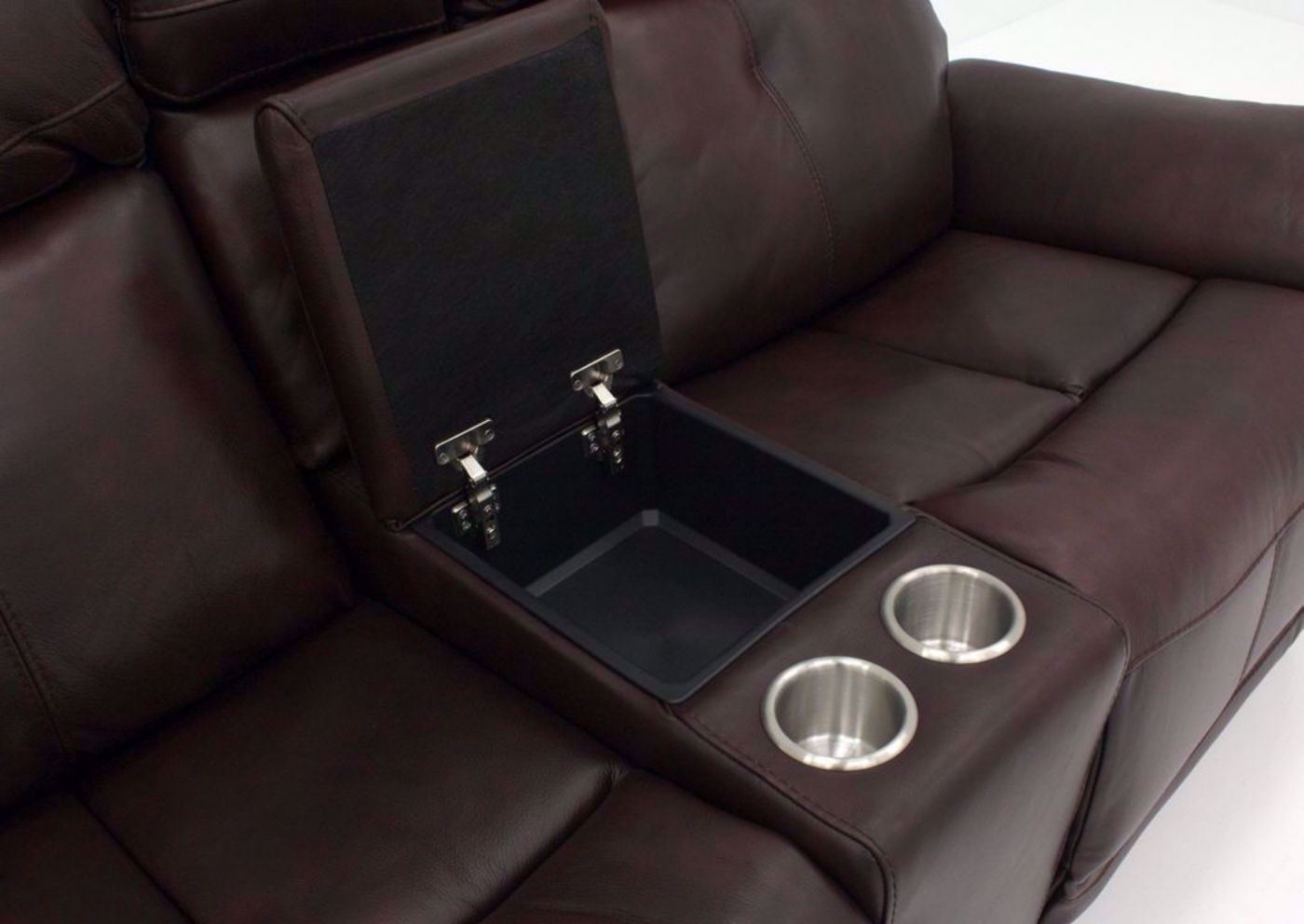 Brown Alpha POWER Glider Reclining Loveseat Showing the Storage Console and Cupholders | Home Furniture Plus Mattress