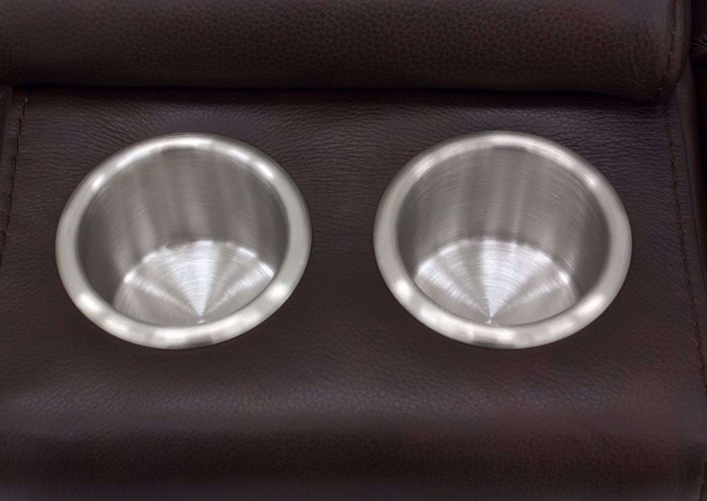 Brown Alpha POWER Glider Reclining Loveseat Showing the Cupholders up Close | Home Furniture Plus Mattress