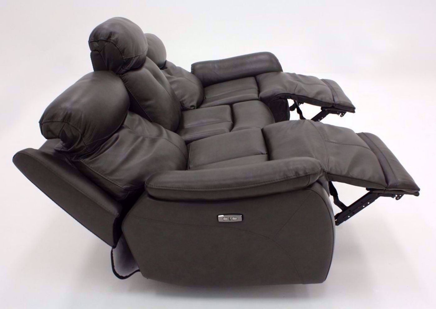 Dark Gray Alpha POWER Reclining Sofa, Side View in a Fully Reclined Position | Home Furniture Plus Bedding