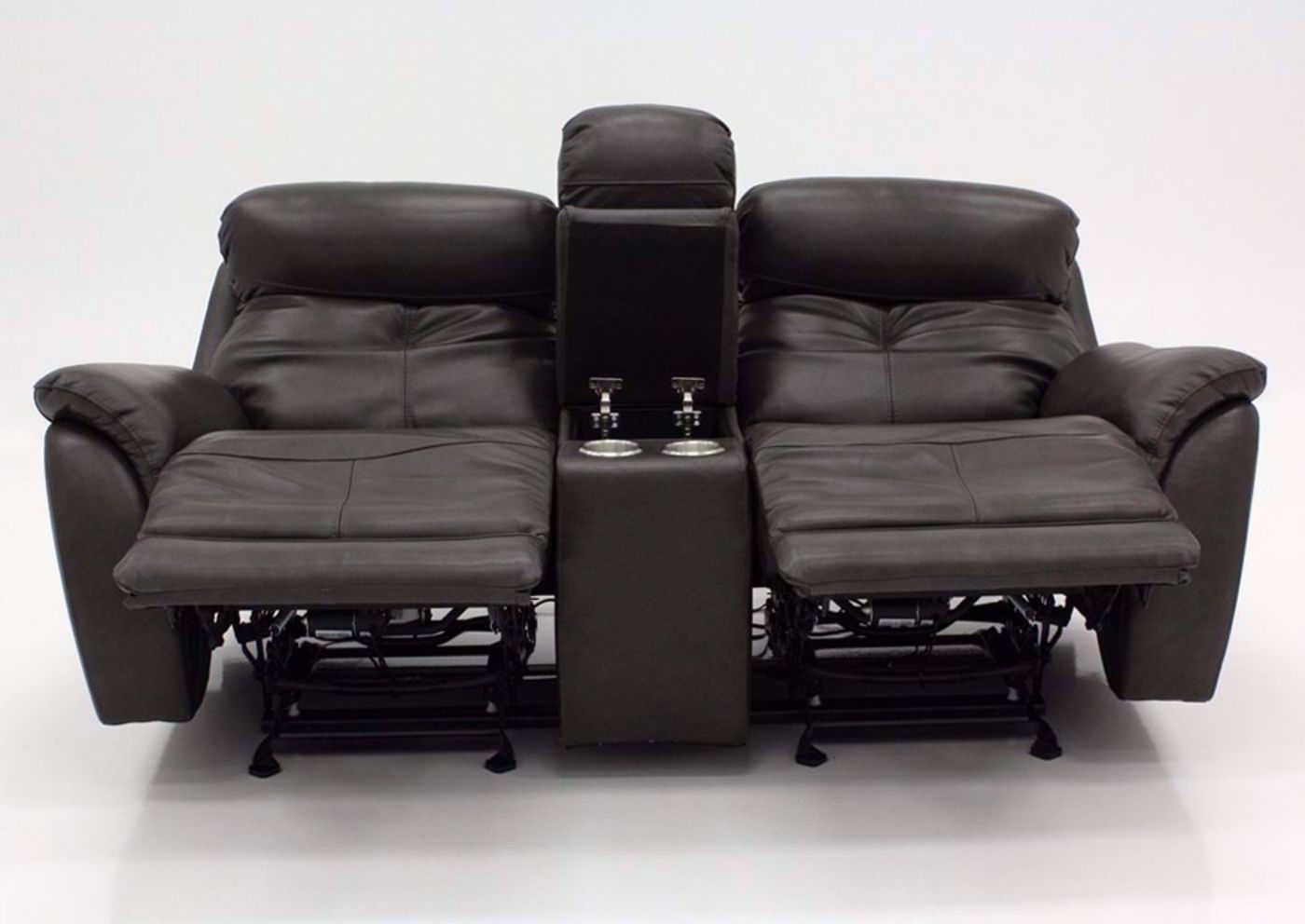 Dark Gray Alpha POWER Glider Reclining Loveseat, Front Facing in a Fully Reclined Position | Home Furniture Plus Bedding