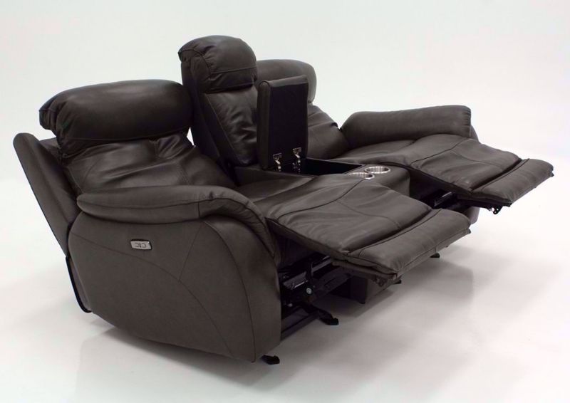 Dark Gray Alpha POWER Glider Reclining Loveseat at an Angle in a Fully Reclined Position | Home Furniture Plus Bedding