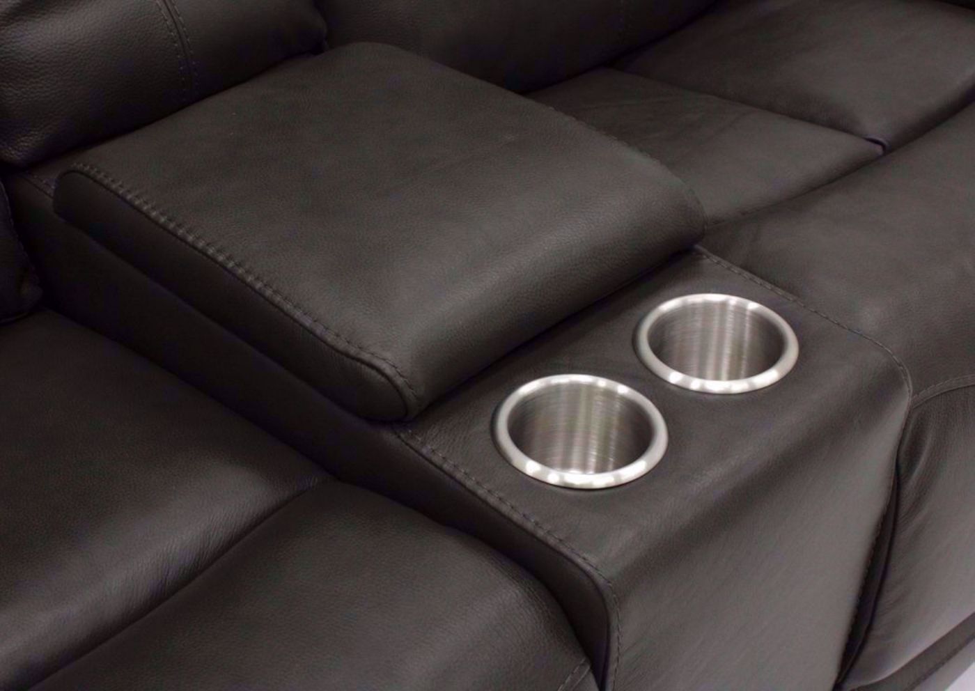 Dark Gray Alpha POWER Glider Reclining Loveseat Showing the Storage Console and Cupholders | Home Furniture Plus Bedding