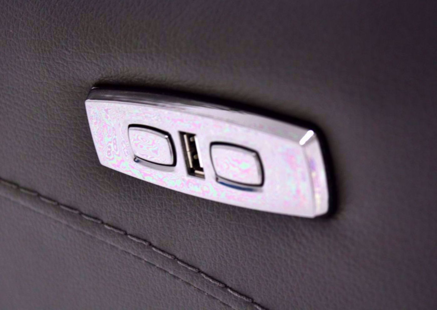 Dark Gray Alpha POWER Glider Reclining Loveseat Showing the Power Buttons and USB Port | Home Furniture Plus Bedding