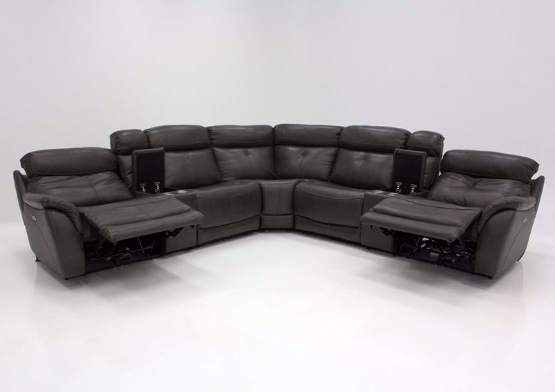 Dark Gray Alpha POWER Reclining Sectional, Front Facing in a Fully Reclined Position | Home Furniture Plus Mattress