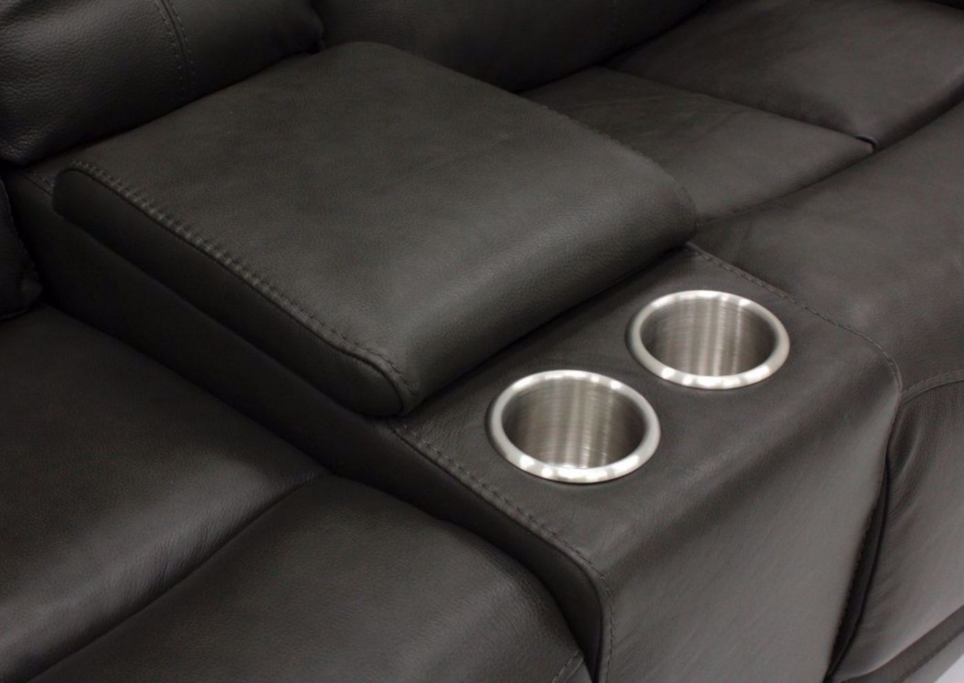 Dark Gray Alpha POWER Reclining Sectional Showing the Storage Console | Home Furniture Plus Mattress