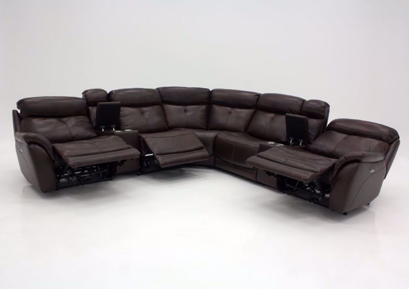 Brown Alpha POWER Reclining Leather Sectional Front Facing in a Fully Reclined Position | Home Furniture Plus Mattress