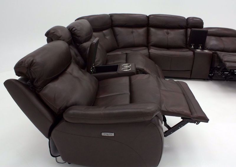 Brown Alpha POWER Reclining Leather Sectional Left Side View in a Fully Reclined Position | Home Furniture Plus Mattress