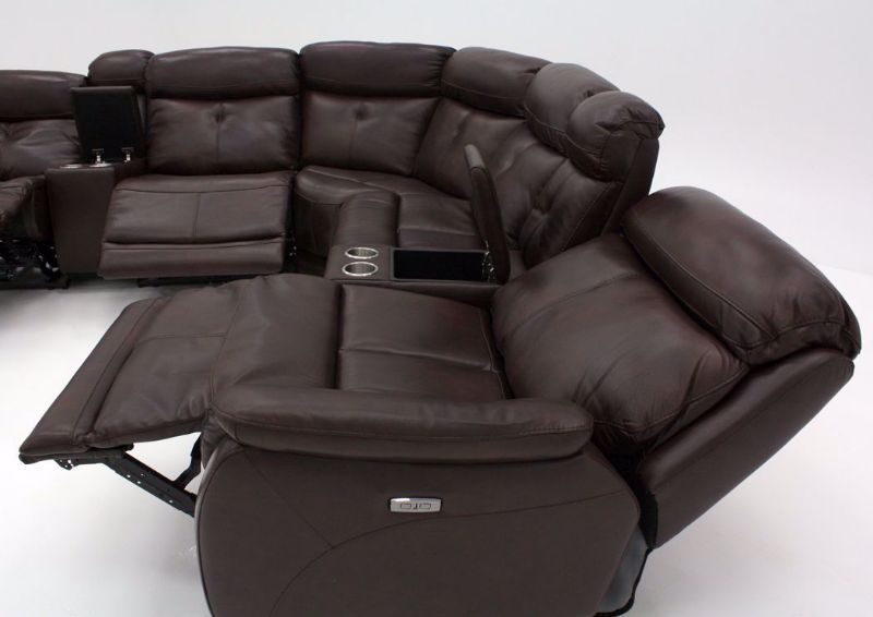 Brown Alpha POWER Reclining Leather Sectional Right Side View in a Fully Reclined Position | Home Furniture Plus Mattress