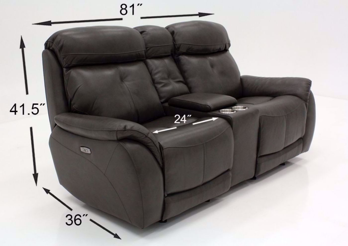 Dark Gray Alpha POWER Reclining Living Room Set Showing the Loveseat Dimensions | Home Furniture Plus Bedding