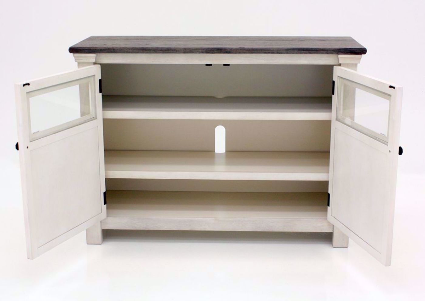 Antique White and Weathered Gray Bolanburg 50" TV Stand by Ashley Furniture Facing Front With the Doors Open | Home Furniture Plus Bedding