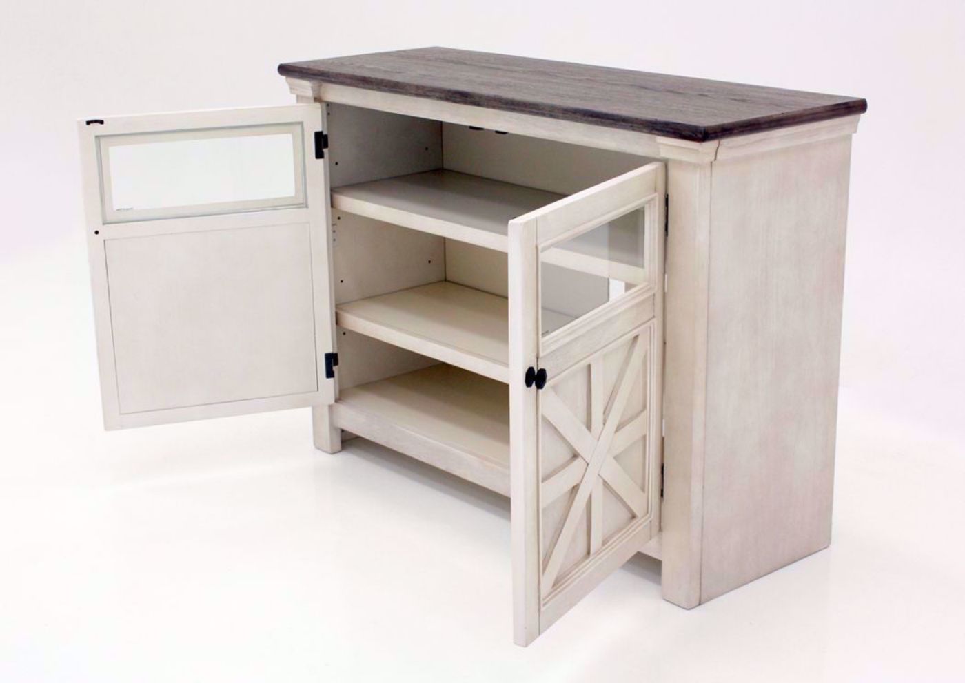 Antique White and Weathered Gray Bolanburg 50" TV Stand by Ashley Furniture at an Angle With the Doors Open | Home Furniture Plus Bedding