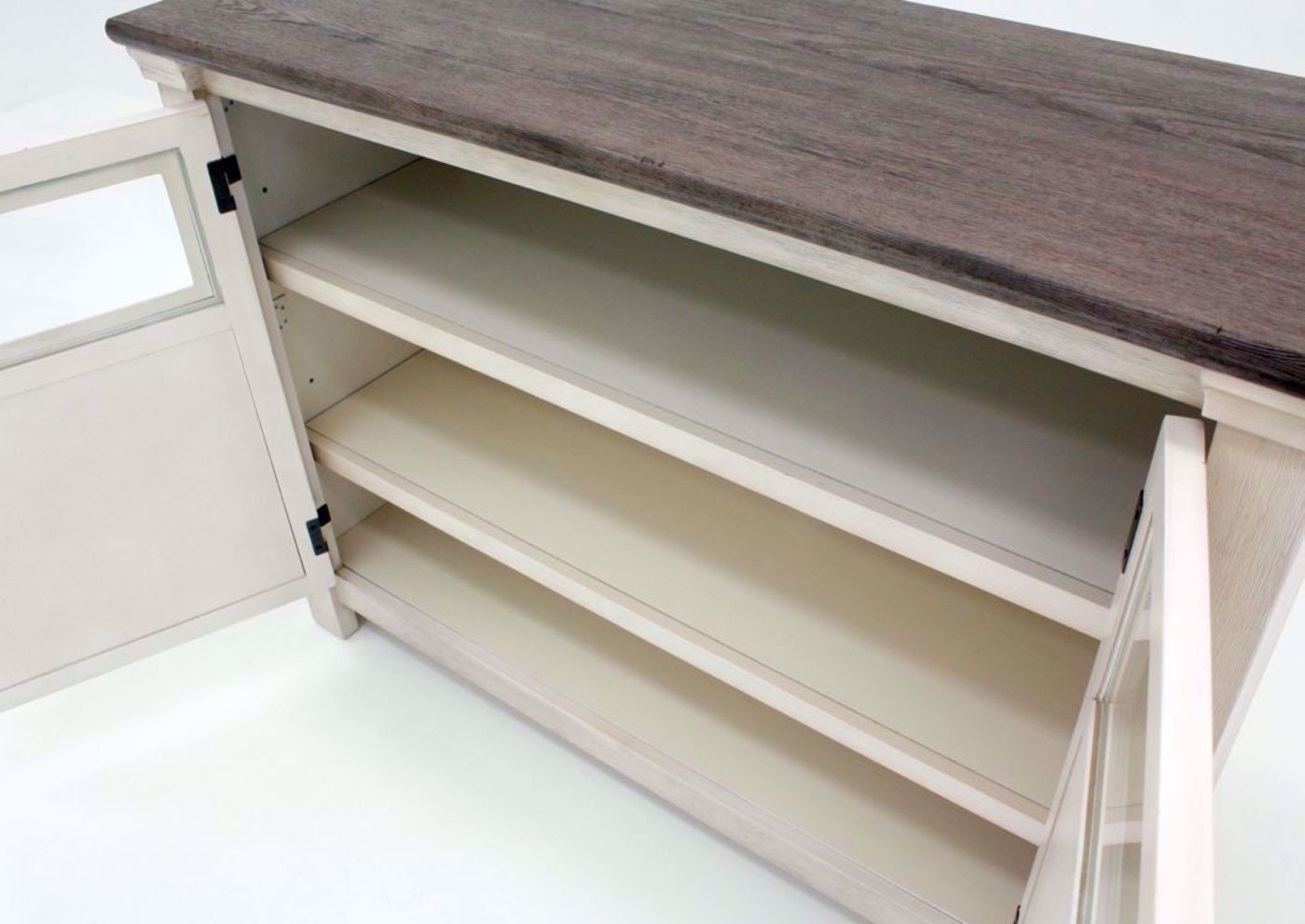 Antique White and Weathered Gray Bolanburg 50" TV Stand by Ashley Furniture Showing the Interior Shelves | Home Furniture Plus Bedding