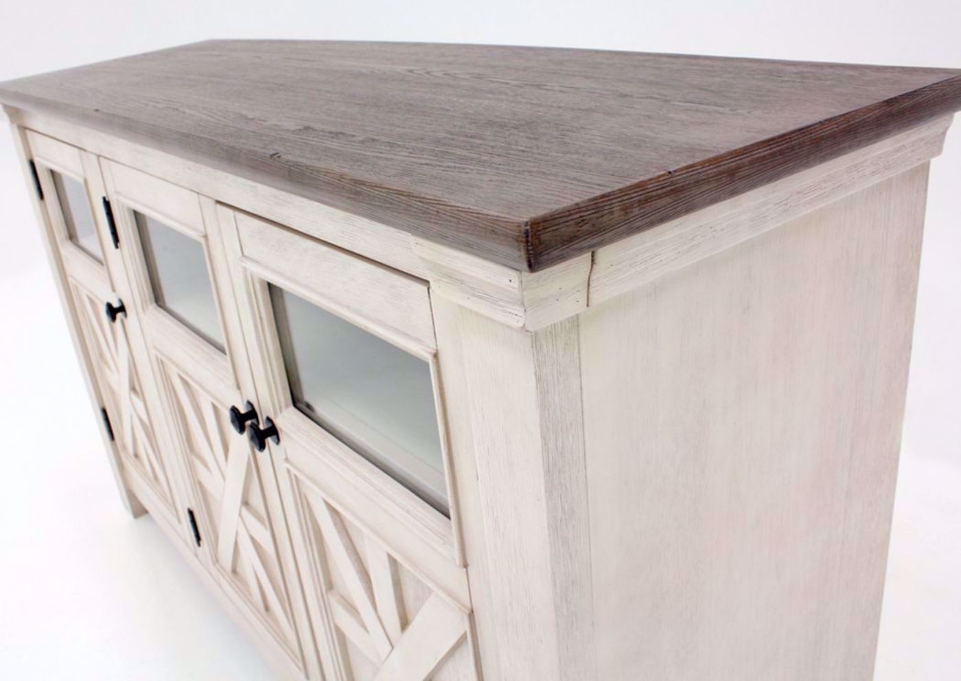 Antique White and Weathered Gray Bolanburg 60" TV Stand by Ashley Furniture at an Angle Close Up | Home Furniture Plus Mattress