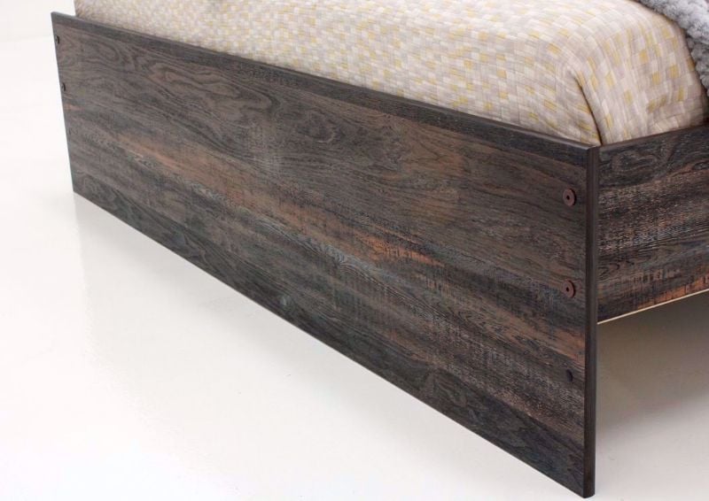 Rustic Barn Wood Brown Drystan Queen Size Bed by Ashley Furniture Showing the Footboard Detail | Home Furniture Plus Mattress