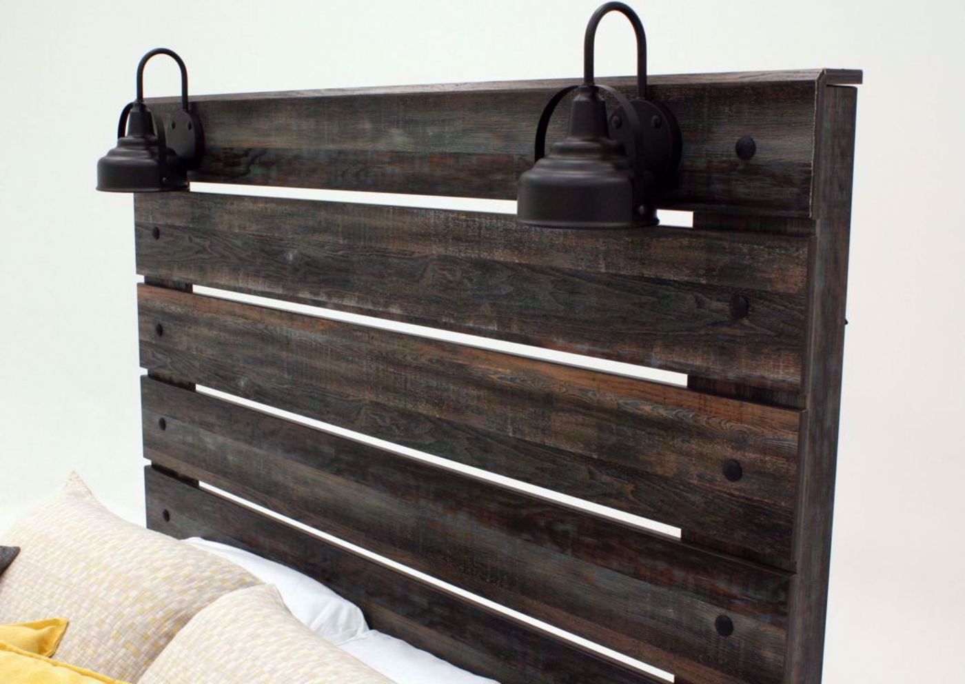 Rustic Barn Wood Brown Drystan King Size Bed by Ashley Furniture Showing Headboard Detail | Home Furniture Plus Mattress