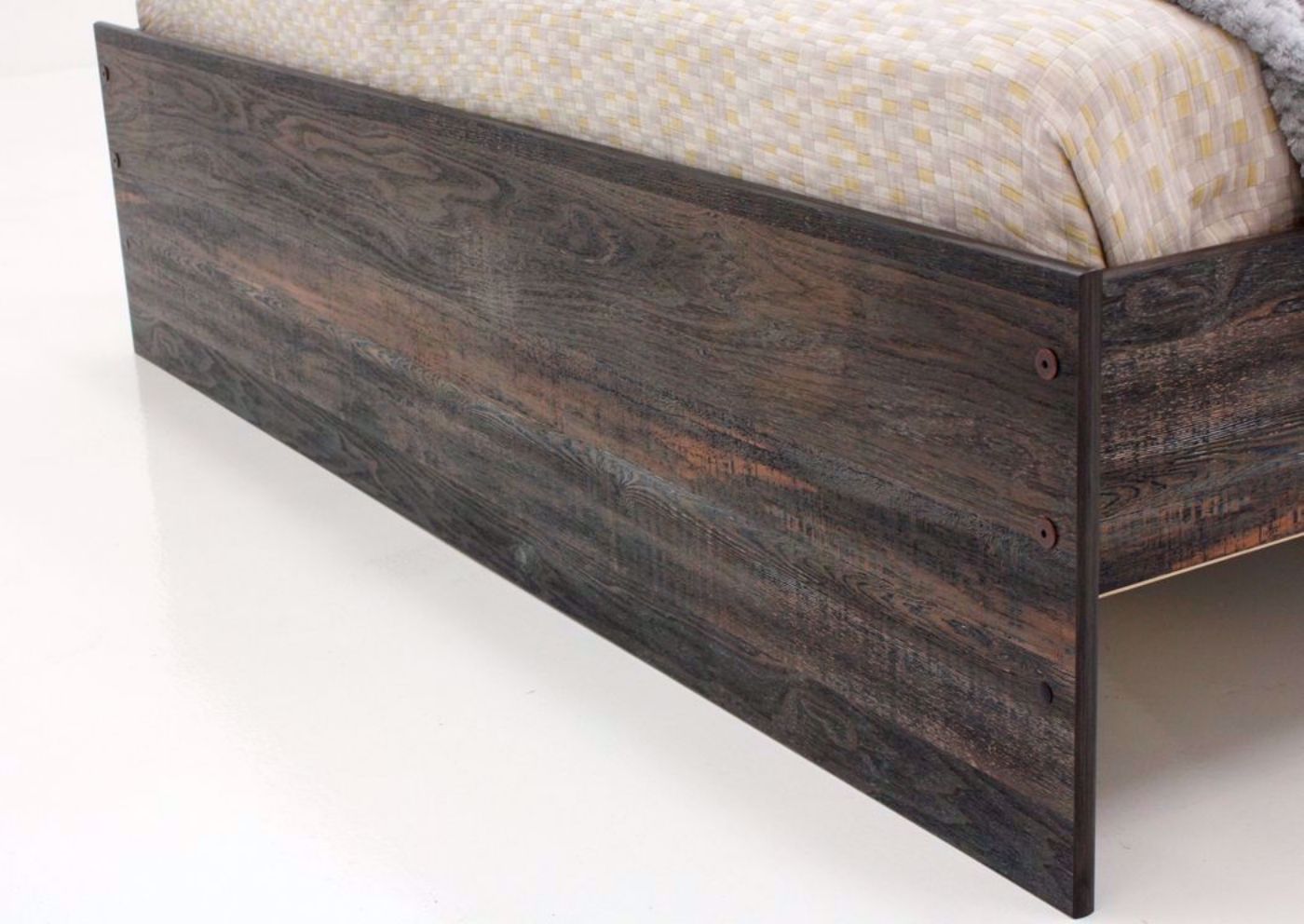 Rustic Barn Wood Brown Drystan King Size Bed by Ashley Furniture Showing Footboard Detail | Home Furniture Plus Mattress