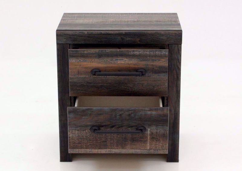 Rustic Barn Wood Brown Drystan Nightstand by Ashley Furniture Facing Front with the Drawers Open | Home Furniture Plus Mattress