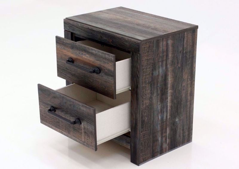 Rustic Barn Wood Brown Drystan Nightstand by Ashley Furniture  at an Angle with the Drawers Open | Home Furniture Plus Mattress