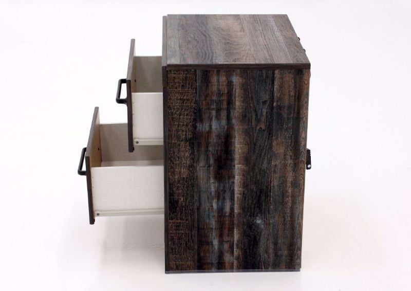 Rustic Barn Wood Brown Drystan Nightstand by Ashley Furniture  Showing the Side View with the Drawers Open | Home Furniture Plus Mattress