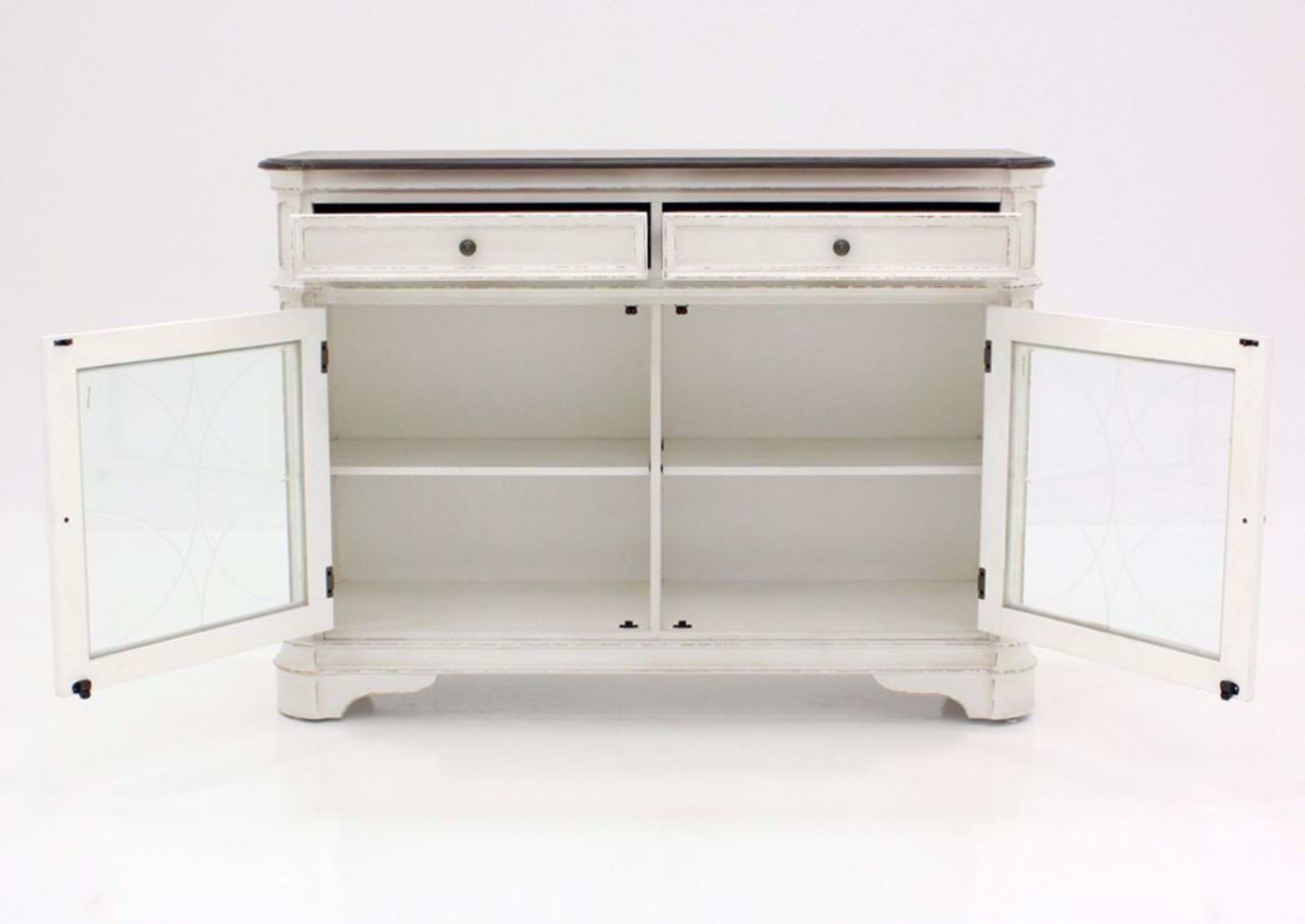 Antique White Giovanni Buffet by Standard Facing Front With the Doors and Drawers Open | Home Furniture Plus Bedding