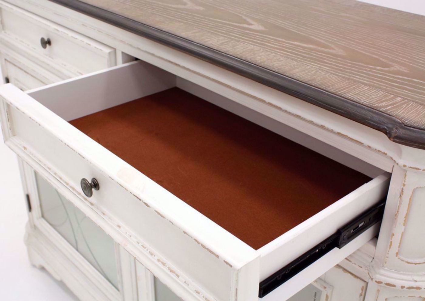 Antique White Giovanni Buffet by Standard Showing the Felt Lined Drawer Interior | Home Furniture Plus Bedding