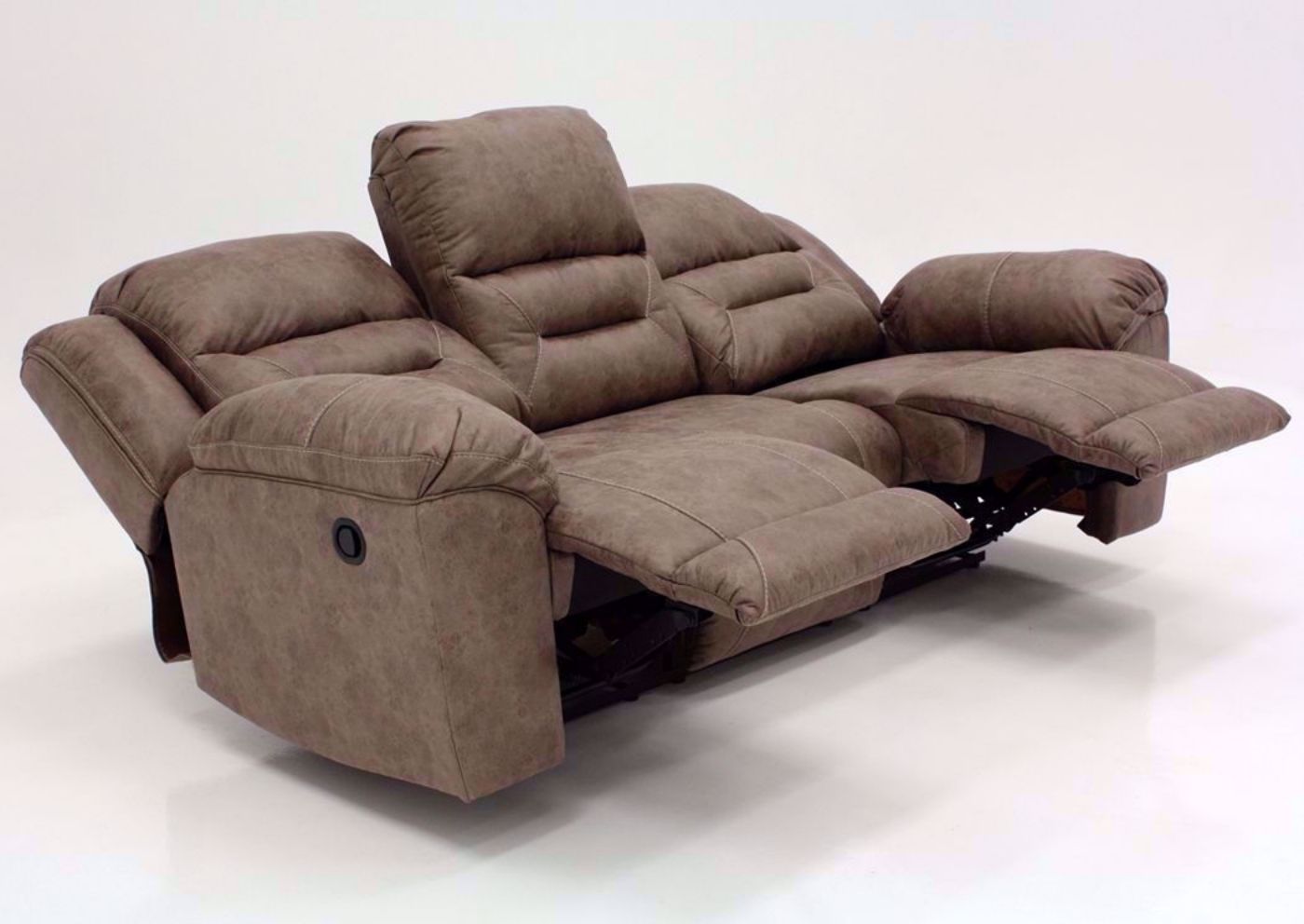 Fossil Gray Stoneland Double Recliner Sofa by Ashley Furniture at an Angle Fully Reclined | Home Furniture Plus Mattress