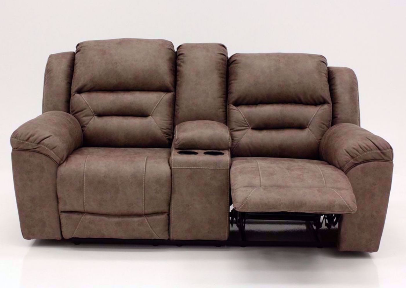 Fossil Gray Stoneland Double Recliner Loveseat by Ashley Furniture with One Recliner Open | Home Furniture Plus Mattress