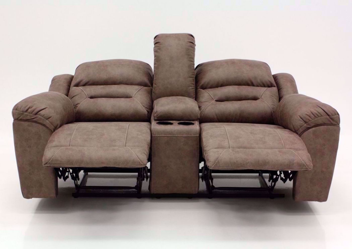 Fossil Gray Stoneland Double Recliner Loveseat by Ashley Furniture Facing Front Fully Reclined | Home Furniture Plus Mattress