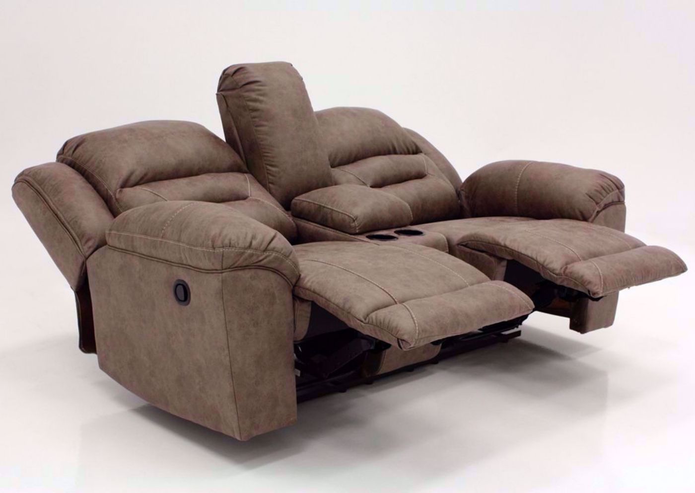 Fossil Gray Stoneland Double Recliner Loveseat by Ashley Furniture at an Angle Fully Reclined | Home Furniture Plus Mattress