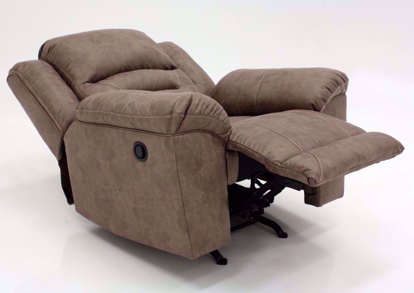Fossil Gray Stoneland Rocker Recliner by Ashley Furniture at an Angle Fully Reclined | Home Furniture Plus Mattress