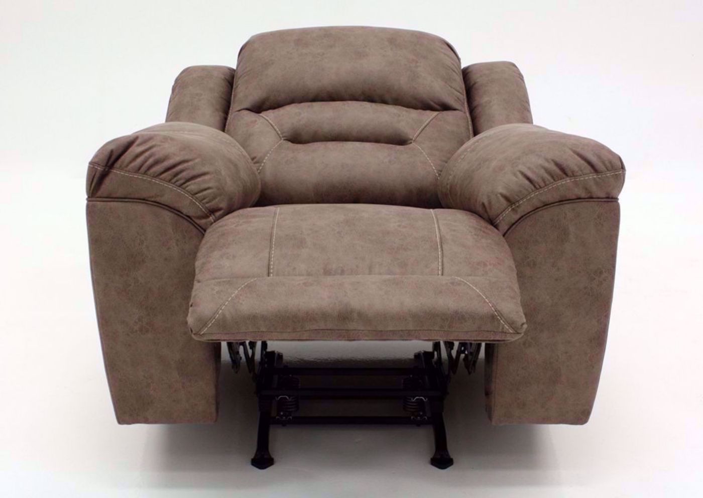 Fossil Gray Stoneland Rocker Recliner by Ashley Furniture Facing Front Fully Reclined | Home Furniture Plus Mattress
