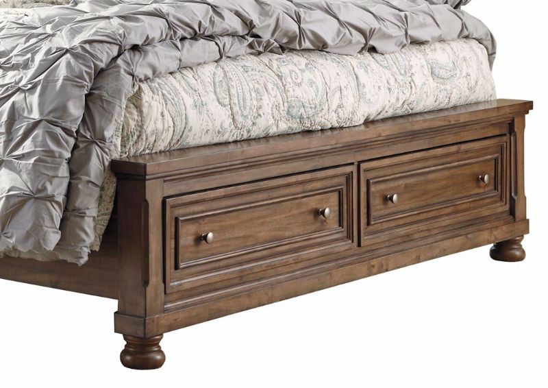 Tobacco Brown Flynnter Queen Size Storage Bed by Ashley Furniture Showing the Storage Footboard | Home Furniture Plus Bedding