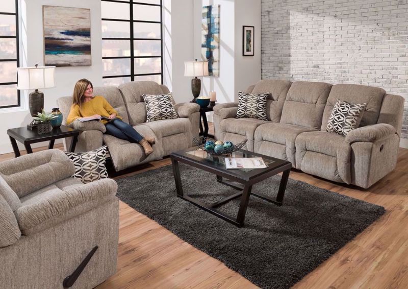 Tan Microfiber Donnelly Reclining Living Room Set by Franklin. Includes Reclining Sofa, Loveseat and Recliner | Home Furniture Plus Bedding
