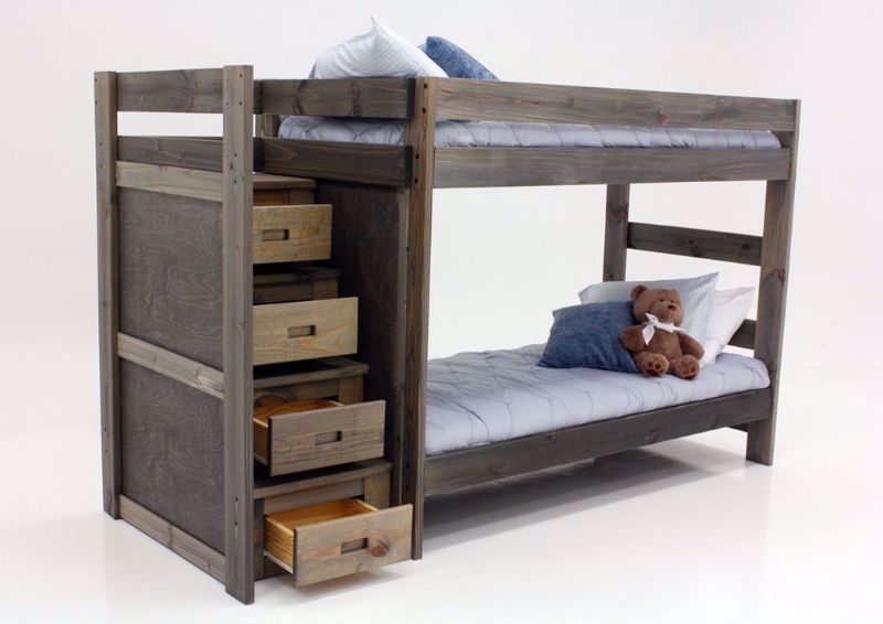 Brown Duncan Twin & Twin Staircase Bunk Bed at an Angle Showing the Drawers Open | Home Furniture Plus Mattress