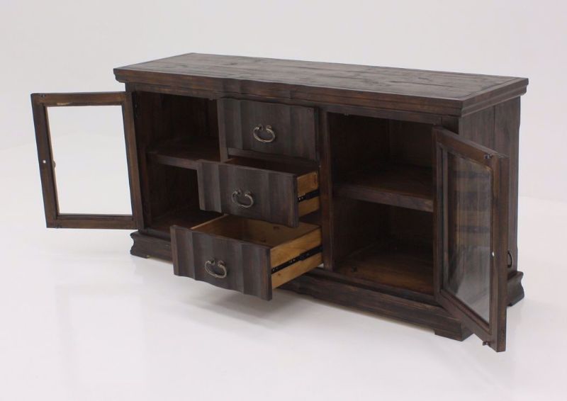 Brown Grand Rustic TV Stand 64 Inch at an Angle with the Doors and Drawers Open | Home Furniture Plus Mattress