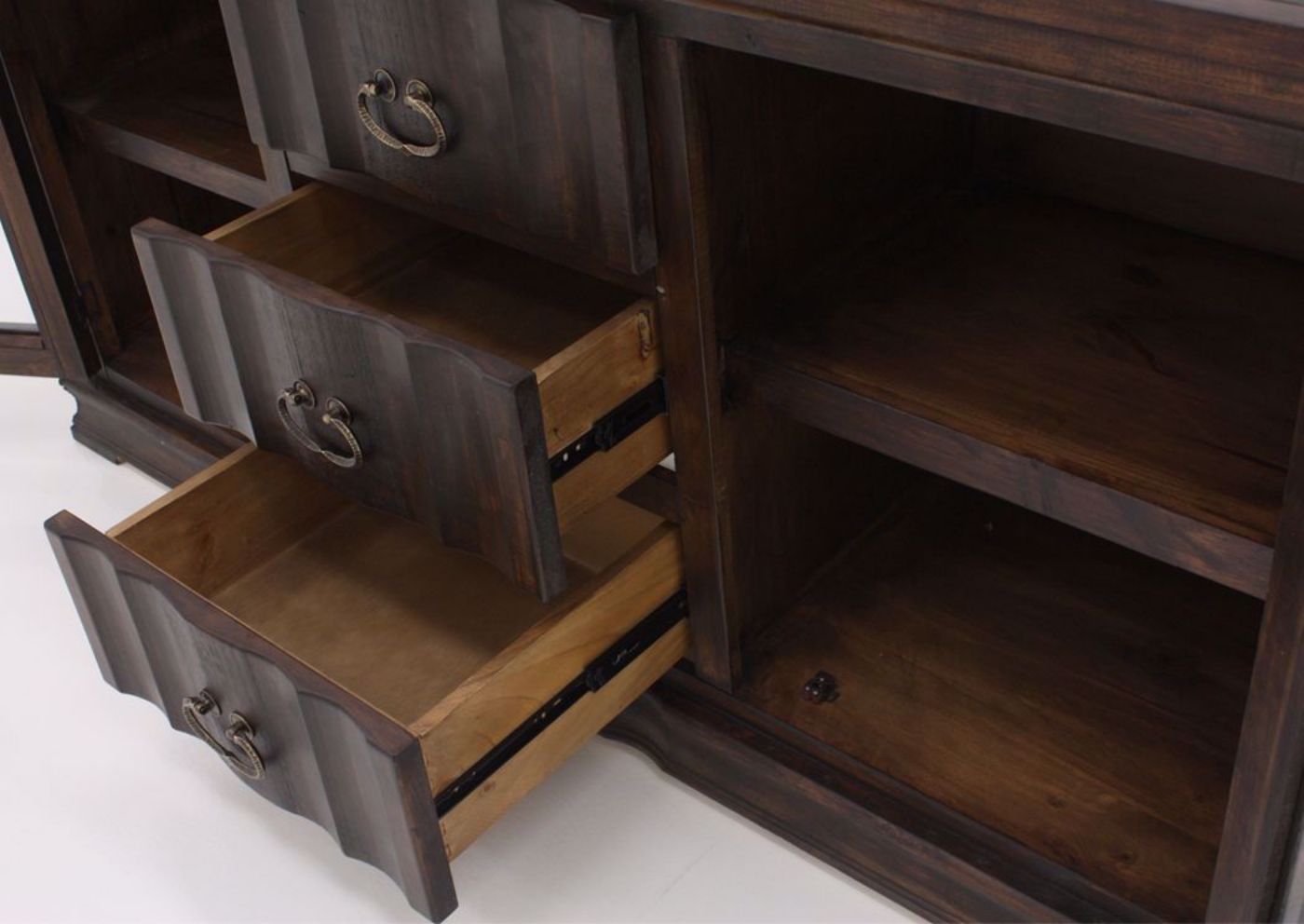 Brown Grand Rustic TV Stand 64 Inch Showing the Drawers and Cabinet Open | Home Furniture Plus Mattress