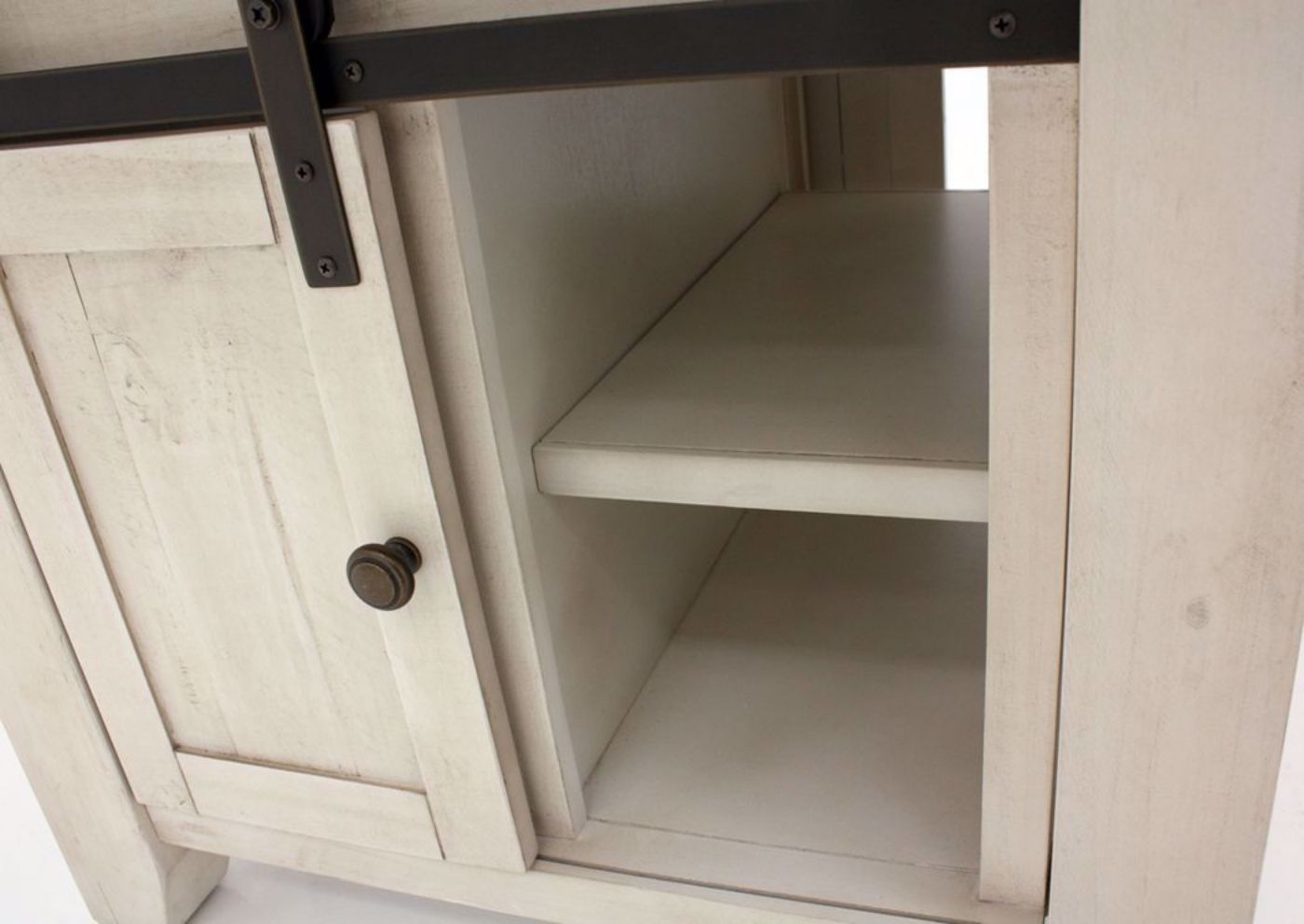 Distressed White Two-Tone Madison County Dining Table Set Showing the Table Showing Table Base Storage Cabinet | Home Furniture Plus Mattress