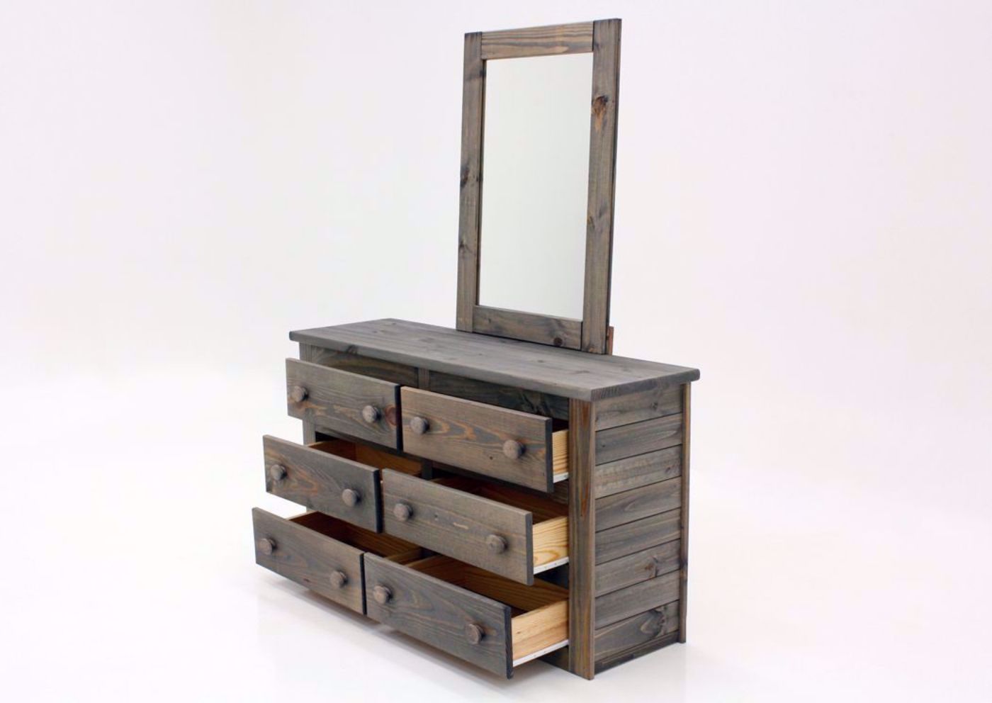 Dark Brown Duncan Dresser with Mirror at an Angle with the Drawers Open | Home Furniture Plus Mattress