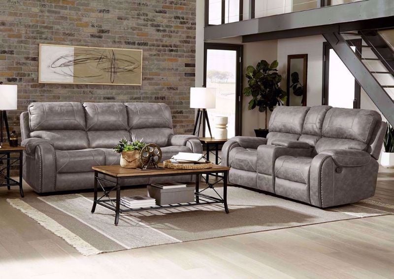 Warm Gray Clayton Reclining Sofa Set by Standard Showing the Room Setting | Home Furniture Plus Bedding