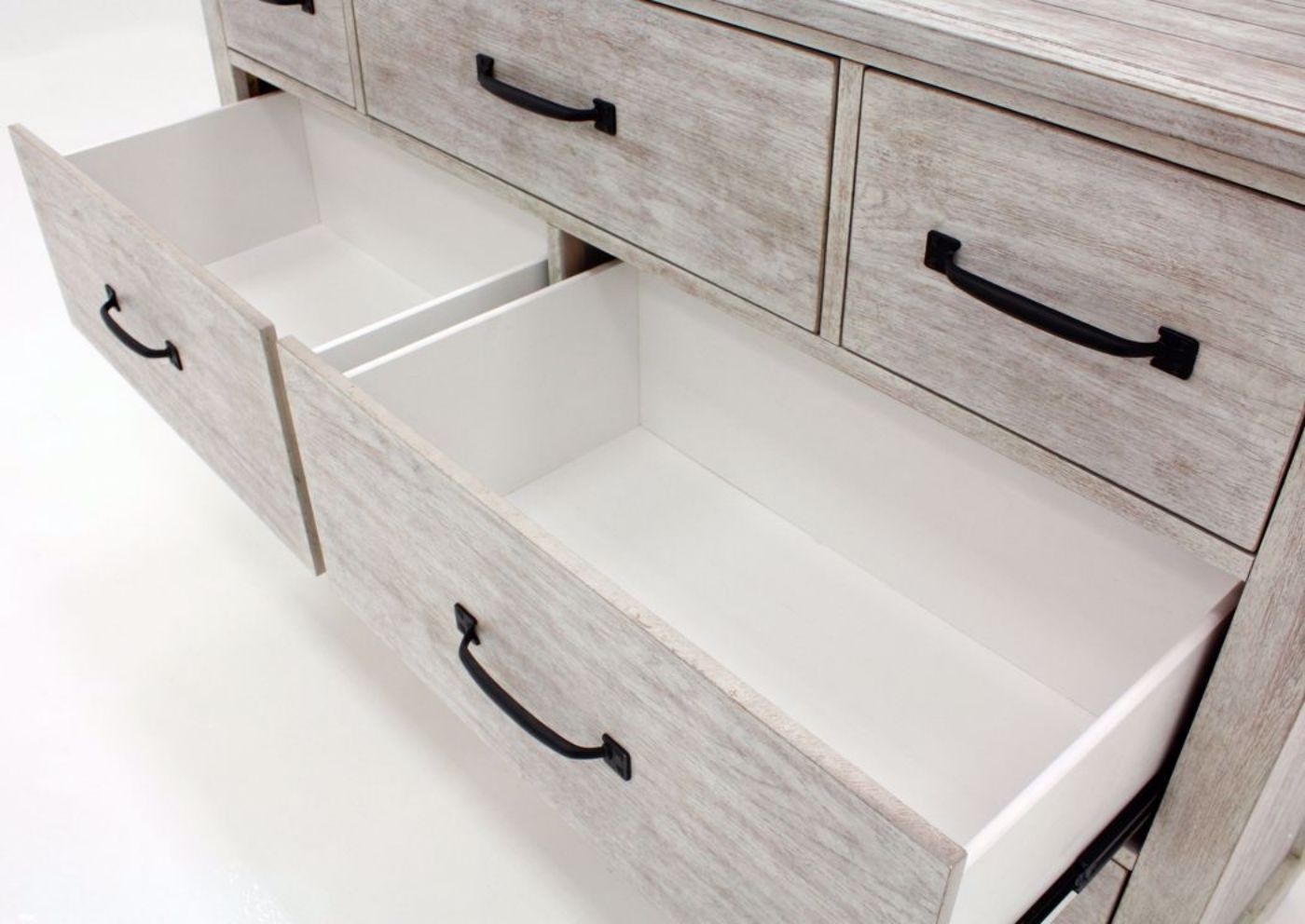 Distressed White Scott Dresser with Mirror by Elements Showing the Painted Middle Drawers | Home Furniture Plus Mattress